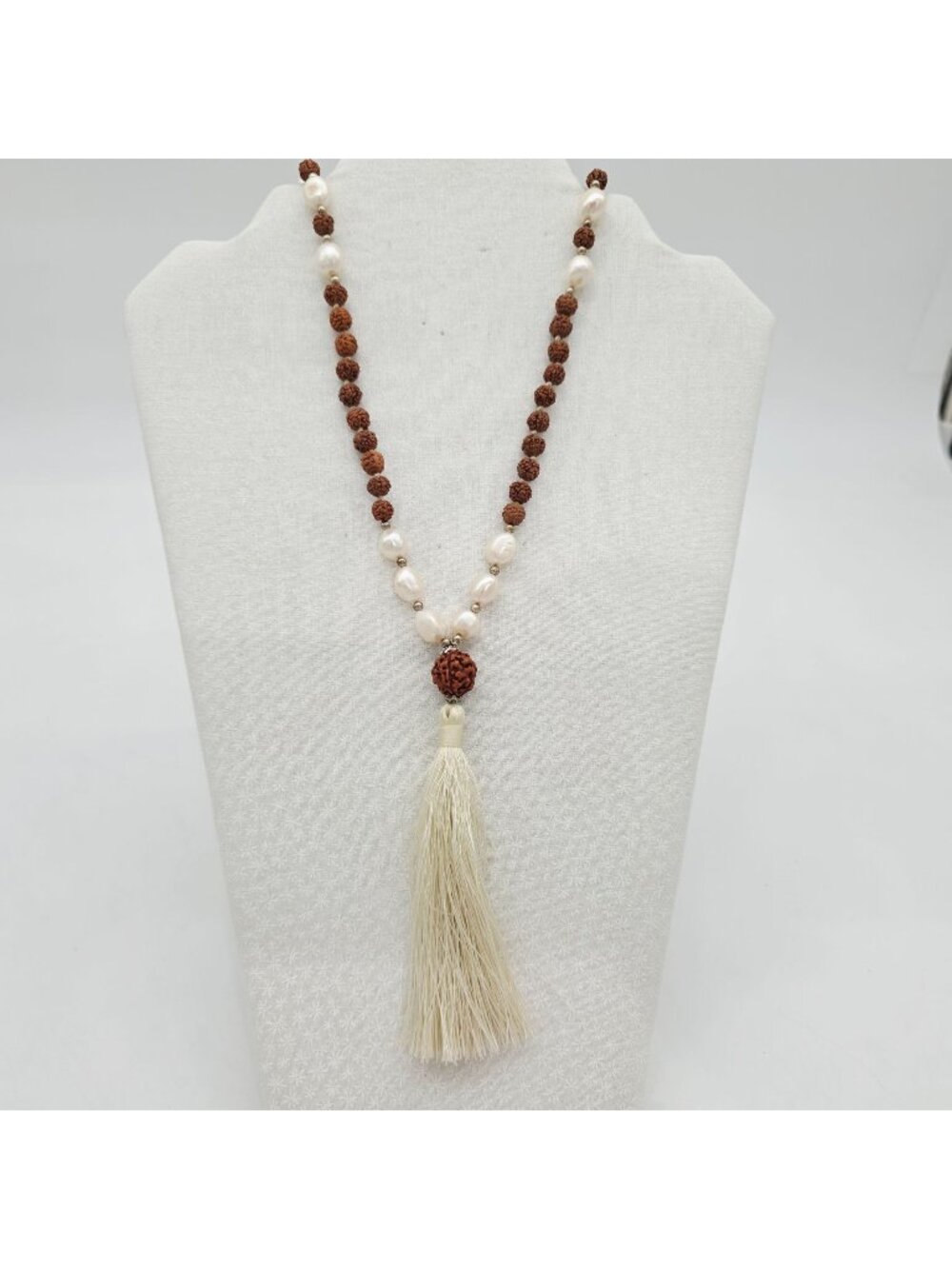 Rudraksha & Freshwater Pearl Beaded Necklace With White Tassel Pendant 36" - Picture 1 of 7